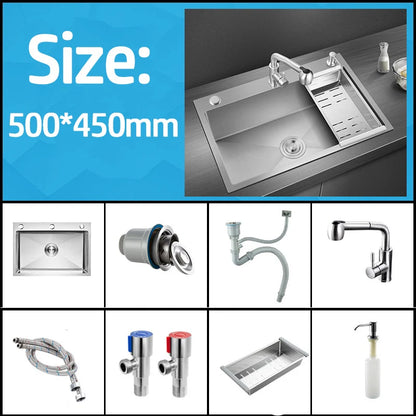 Handgefertigtes silbernes Küchenspülbecken aus Edelstahl 304, herunterziehend, Einzelschüssel-Waschbecken mit Abflussset