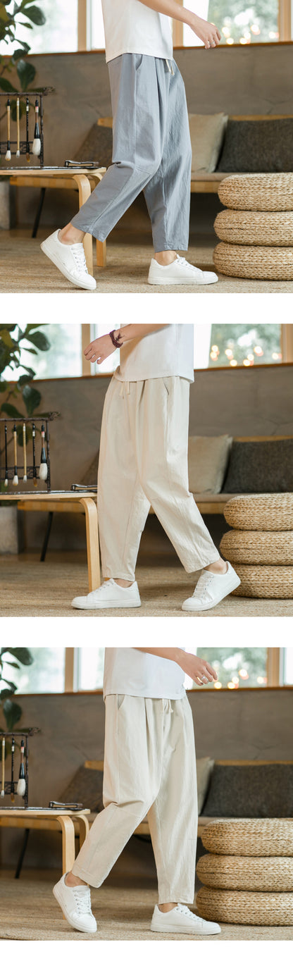 Men's Trousers Cotton Linen Fashion Casual Pants Solid Color Breathable Loose Shorts Straight Drawstring Pants Streetwear Men.