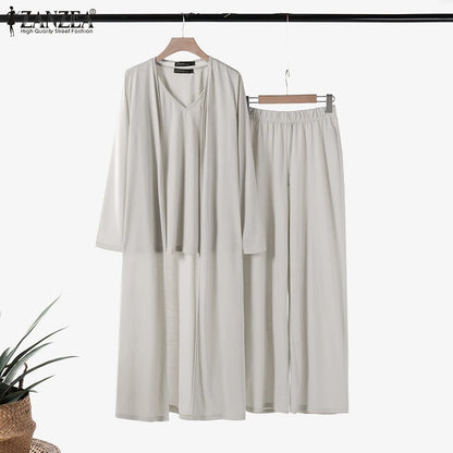 Women Autumn Tracksuits 3pcs Pant Sets ZANZEA Fashion Casual 3-Pieces Sets Solid Tank Tops and Cardigans Wide Leg Trousers Suit
