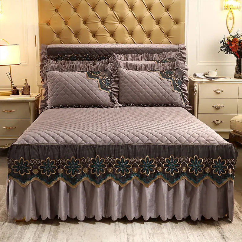 European Luxury Quilted Bed Skirt Winter Warm Thicken Velvet Bedspread King Good Hand Feeling Bed Skirt Not Included Pillowcase