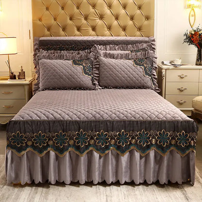 European Luxury Quilted Bed Skirt Winter Warm Thicken Velvet Bedspread King Good Hand Feeling Bed Skirt Not Included Pillowcase