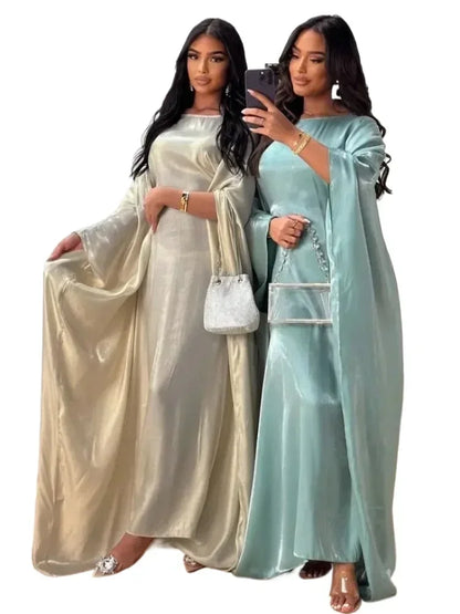 Ramadan Summer Batwing Sleeve Satin Butterfly Abaya Islam Muslim Maxi Dress Kebaya Women Kaftan Robe Musulmane Femme Vestidos.
