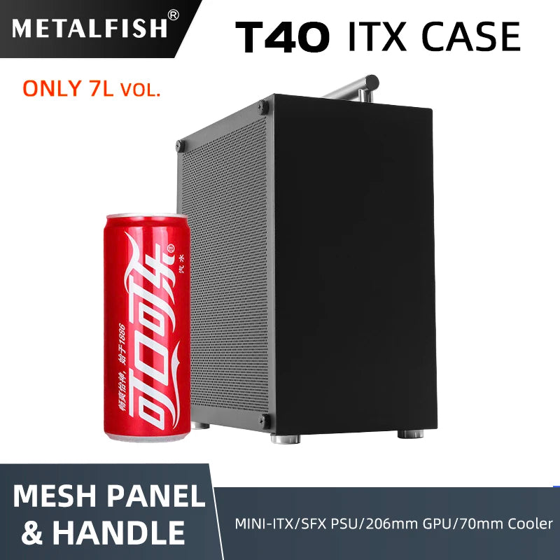 METALFISH T40 Mini ITX Black Case 7L Gaming Computer Chassis Compact transparent PC Support SFX PSU/70mm Cooler/206mm GPU.