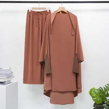 Muslim Sets Two Pieces Prayer Clothing Long Hooded Smocking Sleeve Shirts Hijab Loose Maxi Skirts Elastic Waist Women Abaya Sets.
