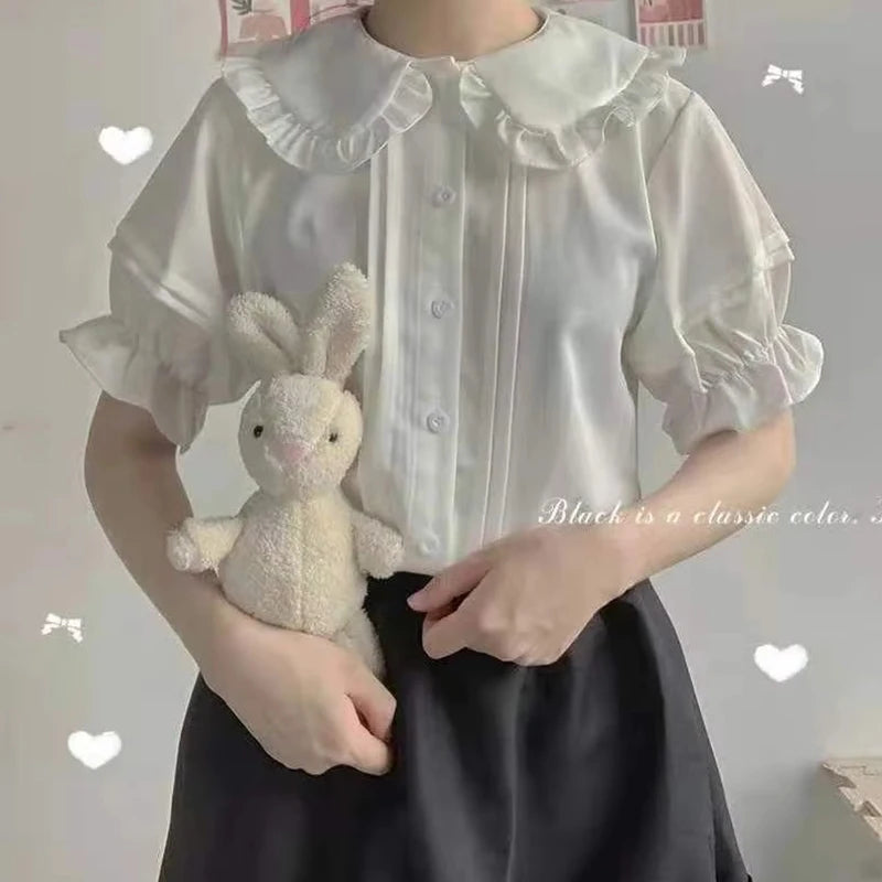 Zoki Japanese Sweet Women Blouses Lolita Style White Kawaii Peter Pan Collar Jk Shirt Cute Preppy Ruffle Puff Short Sleeve Tops.