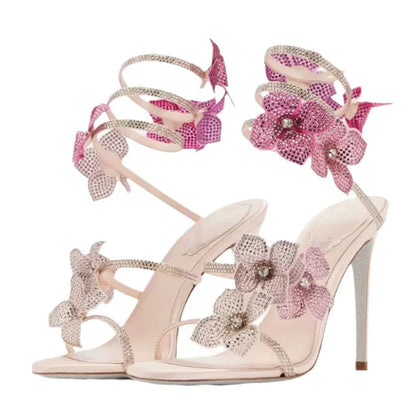 Eilyken Sexy CRYSTAL Flower Thin High Heels Women Sandals Street Style Narrow Band Ankle Strap Pole Dancing Ladies Shoes.