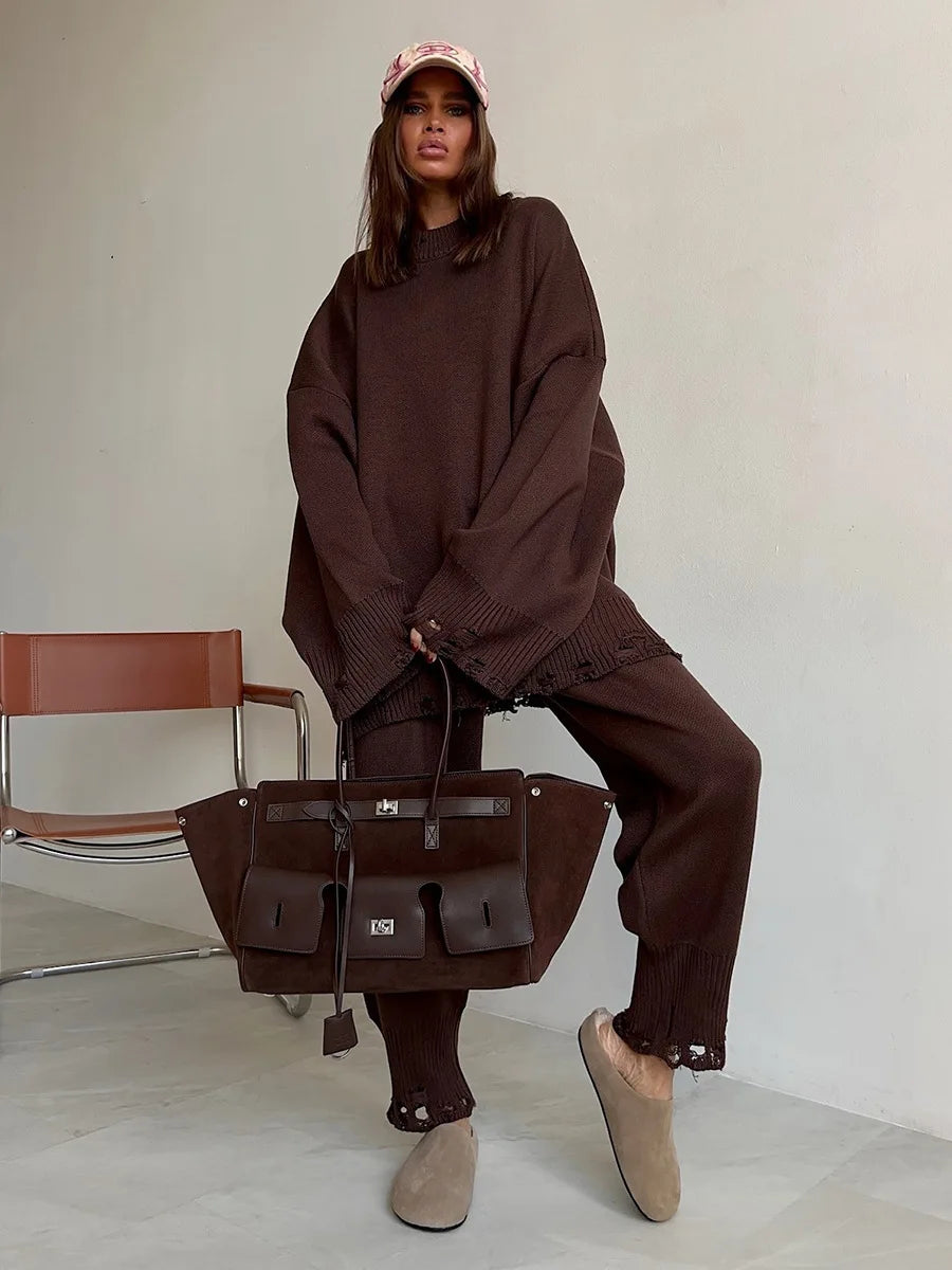 Bornladies Autumn Winter Women's New Turtleneck Knit Sweater Skinny Knit Pants Set Soft Oversized Ripped Hem Fashion Pullover