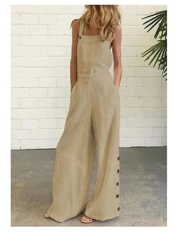 New 2021 Women's Solid Color Sleeveless Side Button Wide Leg Pocket Casual Jumpsuit Comfortable One-Piece Suiting Pants.