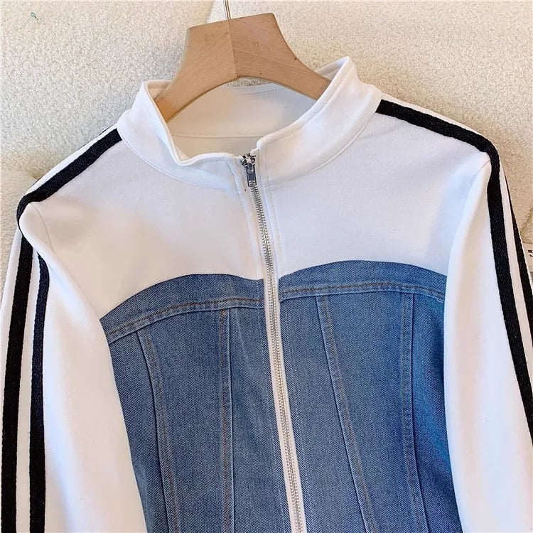 Pant Set Women Two Piece Sets Denim Splice Zipper Matching Sets Casual Coats Wide Leg Long Pants Lace Up Elastic Waist 2025.