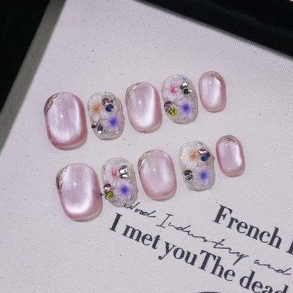 10pcs/set Handmade Press-On Nails - Blue Glossy Fish & Bubbles Design Short Oval Fake Nails with Cat Eye Effect False Nails.