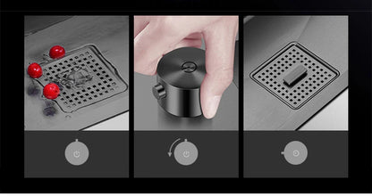 ASRAS Nanometer Black Flip Cover Hidden kitchen Sink 304 Stainless Steel 4mm Thickness Handmade Stepped Sinks Cup Rinser Sinks
