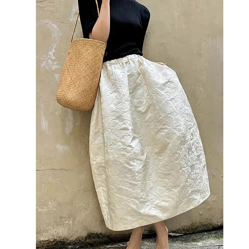 2024 New Arrival Spring/summer Arts Style Women Casual Loose Fit Elastic Waist A-line Jacquard Design Ankle-length Skirt P02.