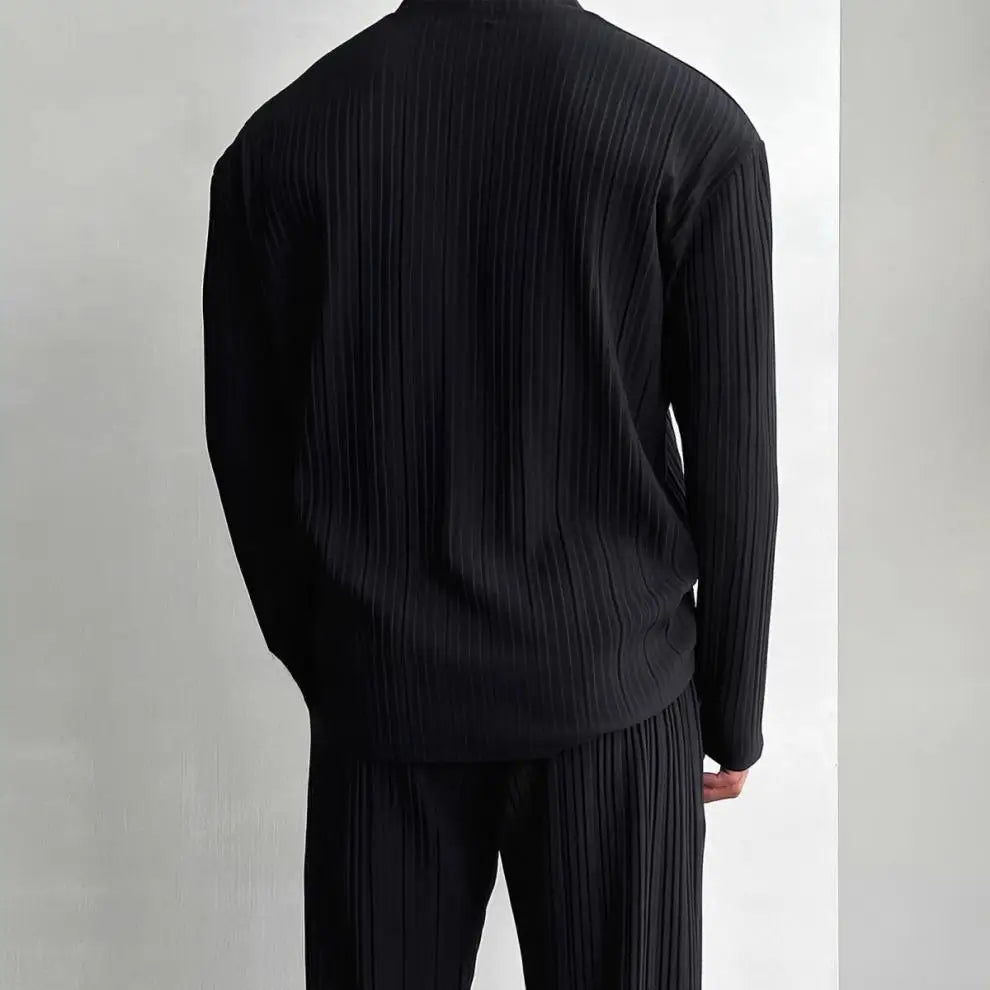 Thin Solid Color Sexy Deep V Cardigan Knitted Sweater Shirt Casual Fashion Suit Two-piece Sets for Men.