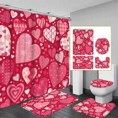 4-teiliges Badezimmer-Set, wasserdichter Stoff-Duschvorhang im Palast-Stil mit 12 Haken, rutschfeste Badezimmermatte, U-förmige Toilettendeckelabdeckung