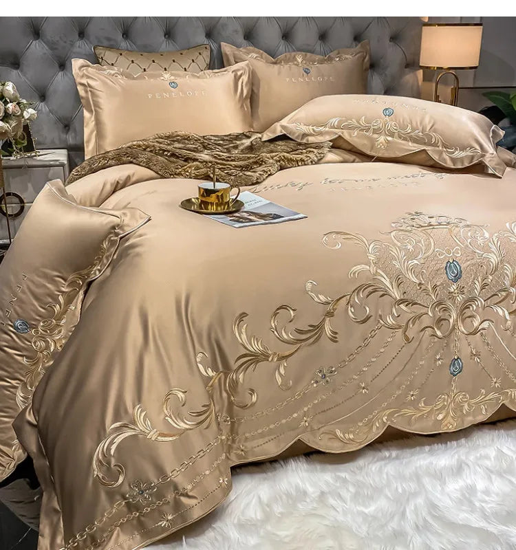 European-Style Bed Sheet Four-Piece Set 100 Cotton High-End Atmospheric Ice Silk Quilt Cover Pure Cotton Bedding.