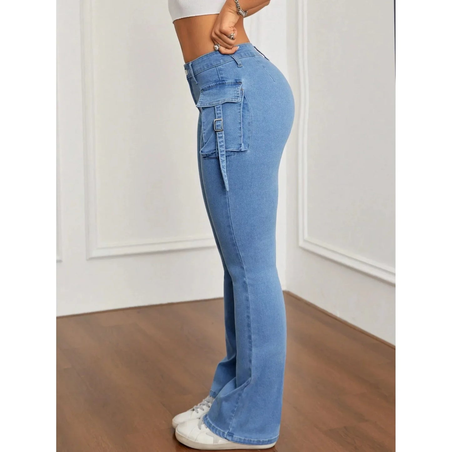 High Waist Bell Bottom Jeans Women's Slim Fit Workwear Denim Pants High Elasticity Cross-Border Long Trousers.