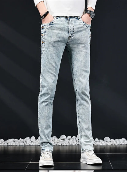 Slim Skinny Jeans Men New Elastic Korean Design Fashion Multi-Button Blue White Vintage Wash Cotton Stretch Denim Pants Trousers