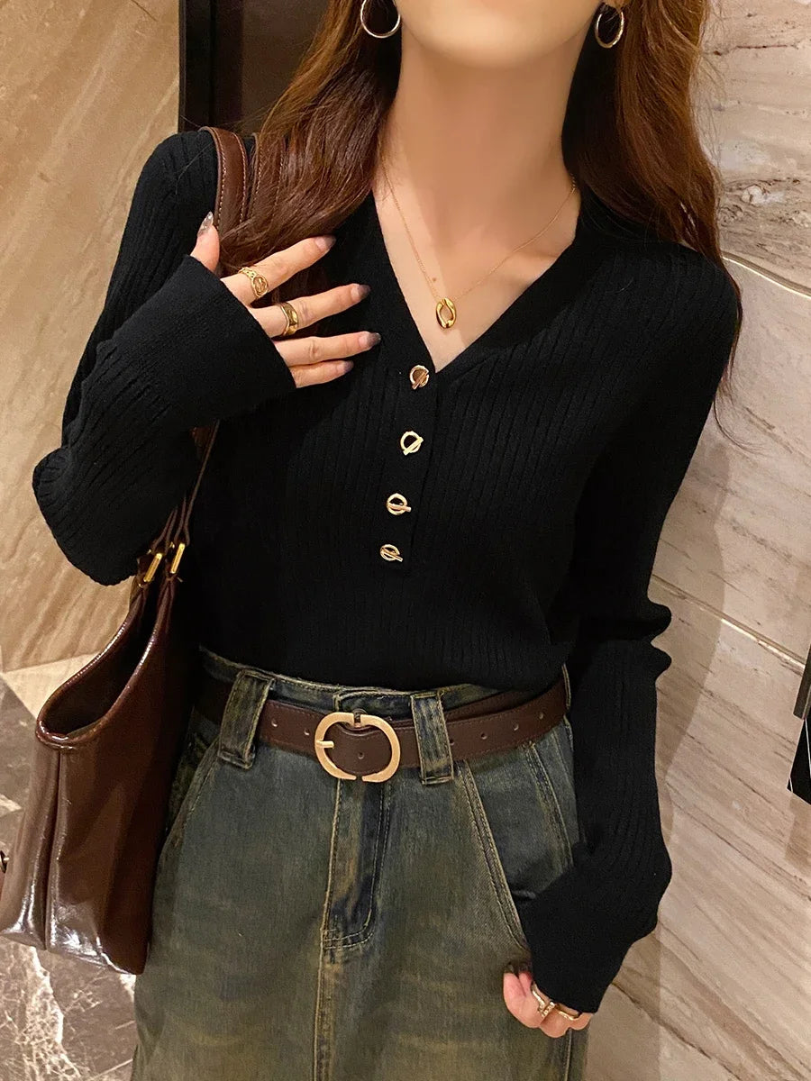 2025 Autumn Winter Women Sweaters Casual Slim Button Knitted Pullover Sweater Femme Basic Solid Jersey Tops Fashion Clothes