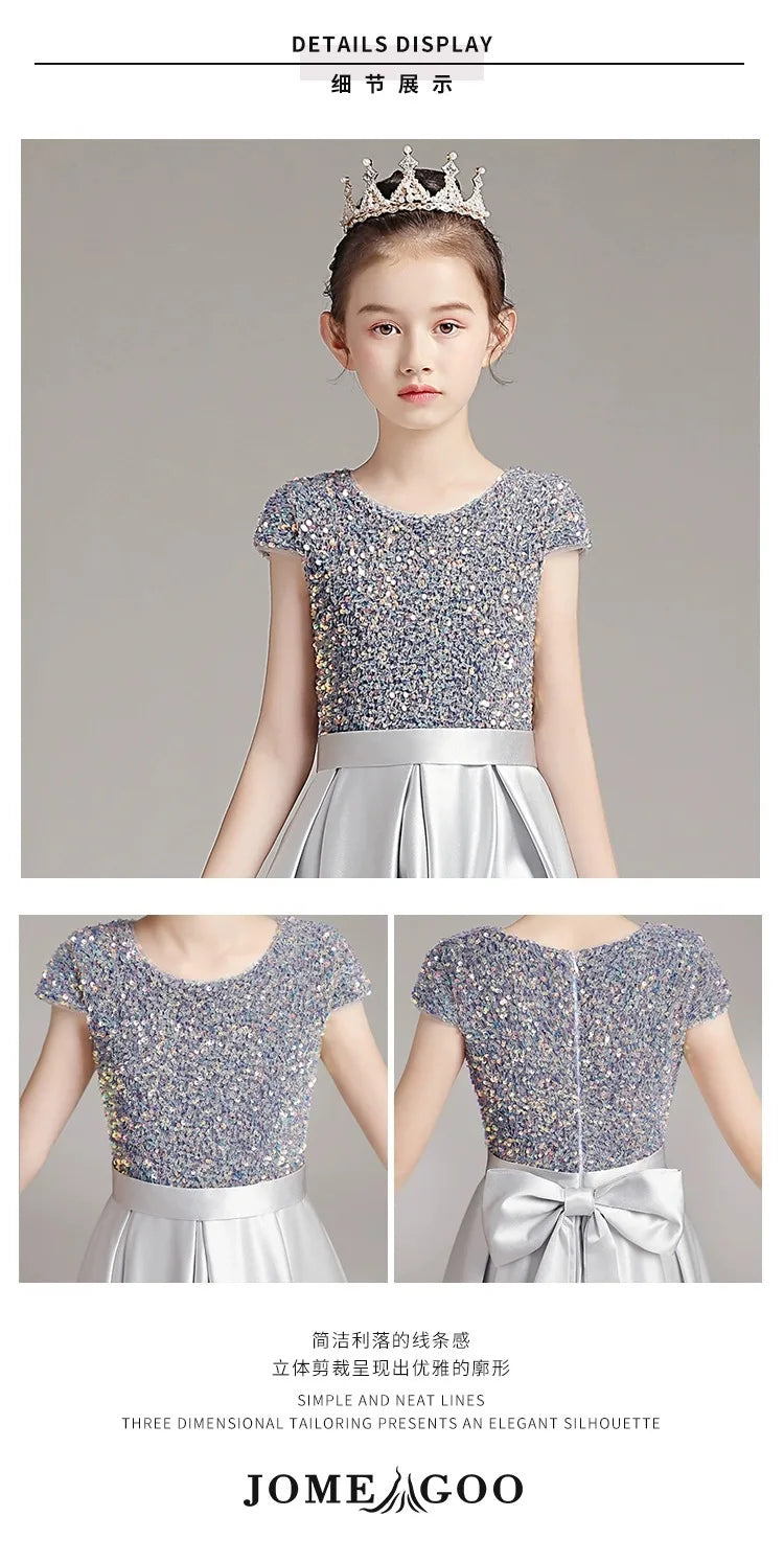 Mädchen-Klavierkleid, graues Pailletten-langes Performance-Kleid, Prinzessinnenkleid, Kinder-Host-Show-Performance-Kleid, Sommer.