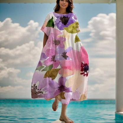 Kleid für Frauen Sommer neue Kurzarm Blumen druck O-Ausschnitt großen Saum lose Mode elegant lässig pendeln weibliche A-Linie Kleid.