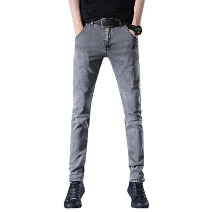 Slim Fit Men's Jeans Casual Elastic Korean Style Autumn Grey Trendy Long Pants Versatile Slim Legged Casual Trousers.