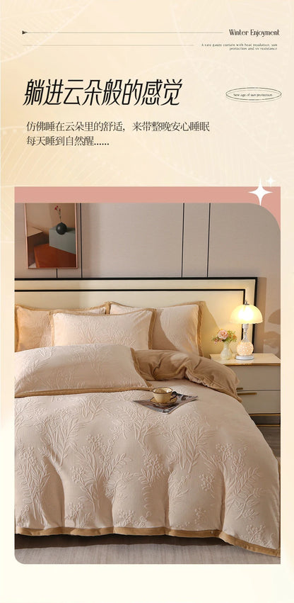 2025 new light luxury high gram weight carved fleece milk fleece bed sheet four-piece set thickened warm bedding winter.