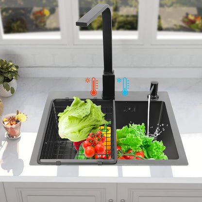 Schwarzes Küchenspülbecken-Set, Spüle aus Edelstahl 30 mit großem Fassungsvermögen und drehbarem Wasserhahn, Keramik-Ventilkern, geruchsfestes Spülbecken