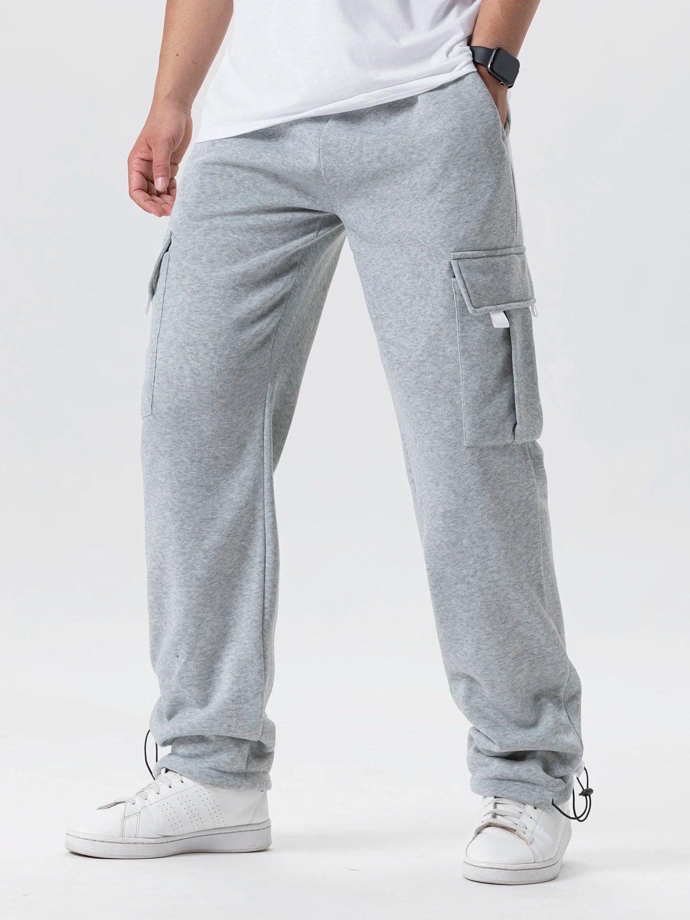 Mens Sweatpants Straight Fit Casual Pants Autumn Winter Men Running Jogger Sports Gym Trousers Solid Color Multi-pocket Pants.