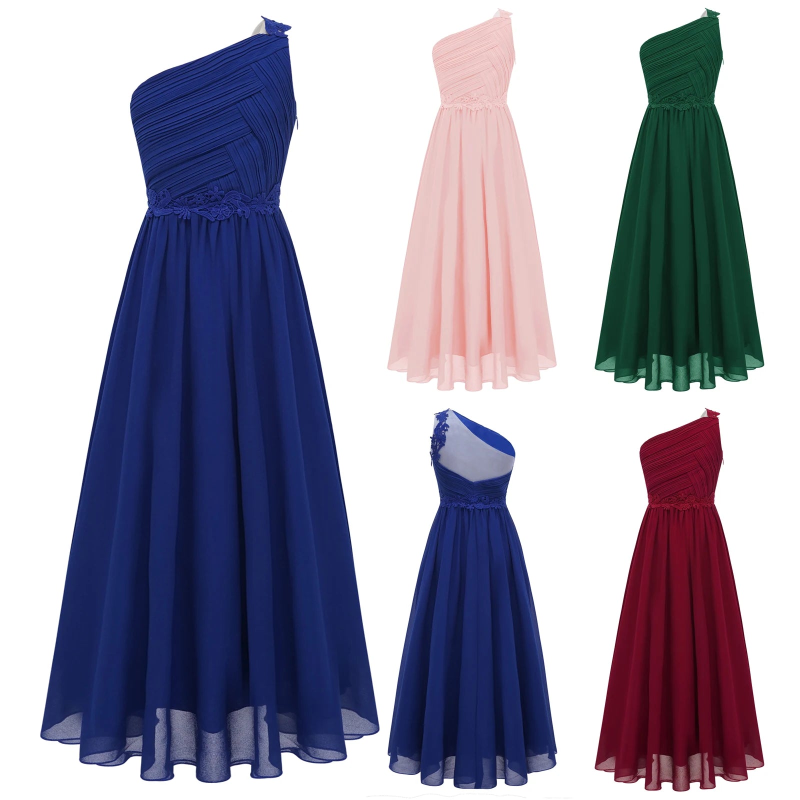 Mädchen Hochzeit Brautjungfer Kleid One Shoulder Elegante Guipure-Spitze Geraffte Chiffon Maxi Party Kleider Geburtstag Abend Abendkleid.