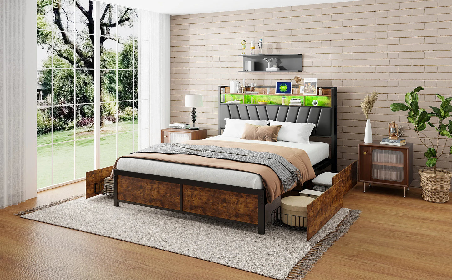 Lazyspace Metall-Doppelbett 160 x 200 cm mit 4 Schubladen, Bettrahmen mit USB-Ladeanschluss und LED-Kopfteil, schwarz, ohne Matratze