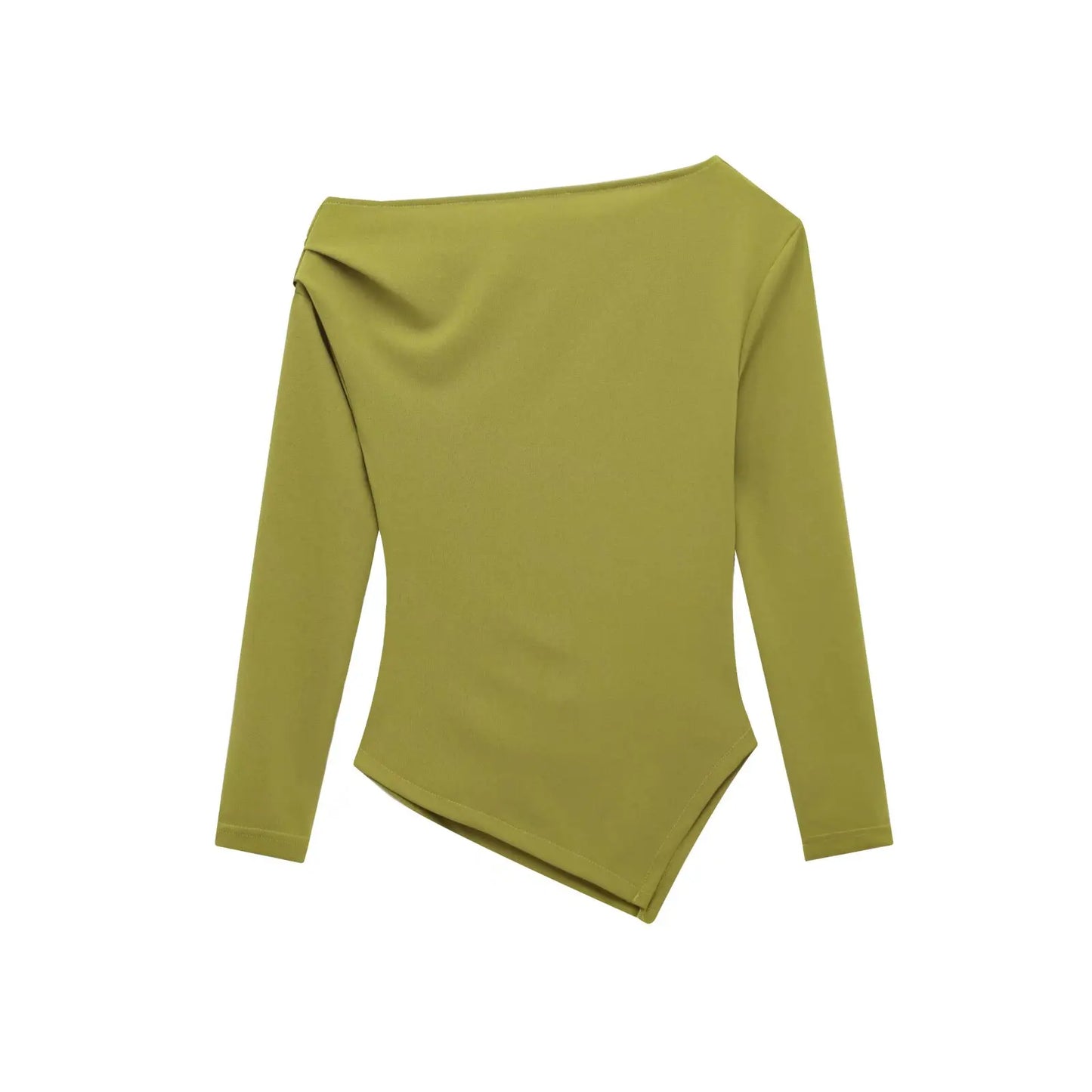 HH Women Fashion Solid 5-Color Asymmetrical Slant Collar Tops Female Spring Pleated Decoration Casual Slim Elasticity Top.