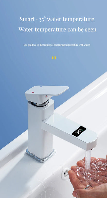 Digital Basin Faucets Smart Bathroom Faucet Shower Room Taps Water Temperature LED Black White Sink Tap Rotating Stainless Steel