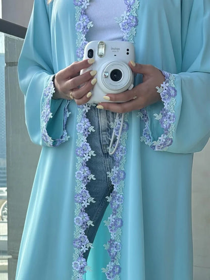 Muslim Women Dubai Abaya Bow Embroidery Blue Cardigan Long Dress Kaftan Ramadan Robe Femme African dresses Islam Clothing Kebaya.