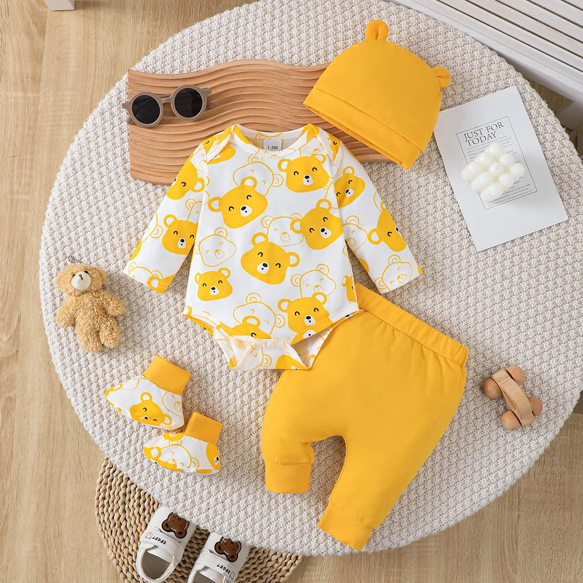 0-9 Months Baby Boy Set Little Bear Long Sleeve Bodysuit+Pants+Hat+Socks 4pcs/Set Baby Spring Autumn clothing Newborn set.