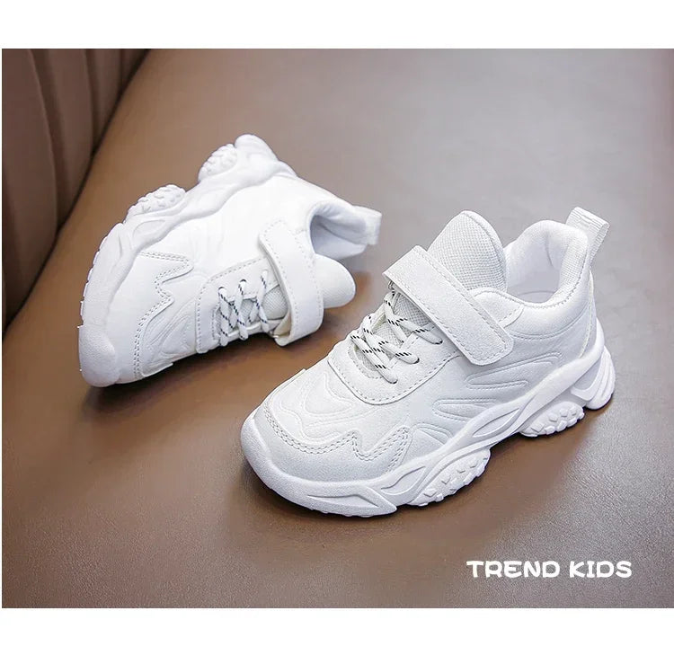 Children White Running Shoes Kids Fashion Sneakers PU Soft Breatheable Comfortable Boys Girls School Sports Shoes Size 26-37.