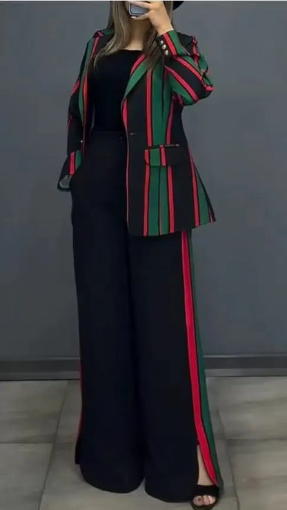 Women Striped Print Suits+pants Two Piece Sets Autumn Winter Casual Wide Leg Pants Sets Office Ladies Elegant Coats Outfits.