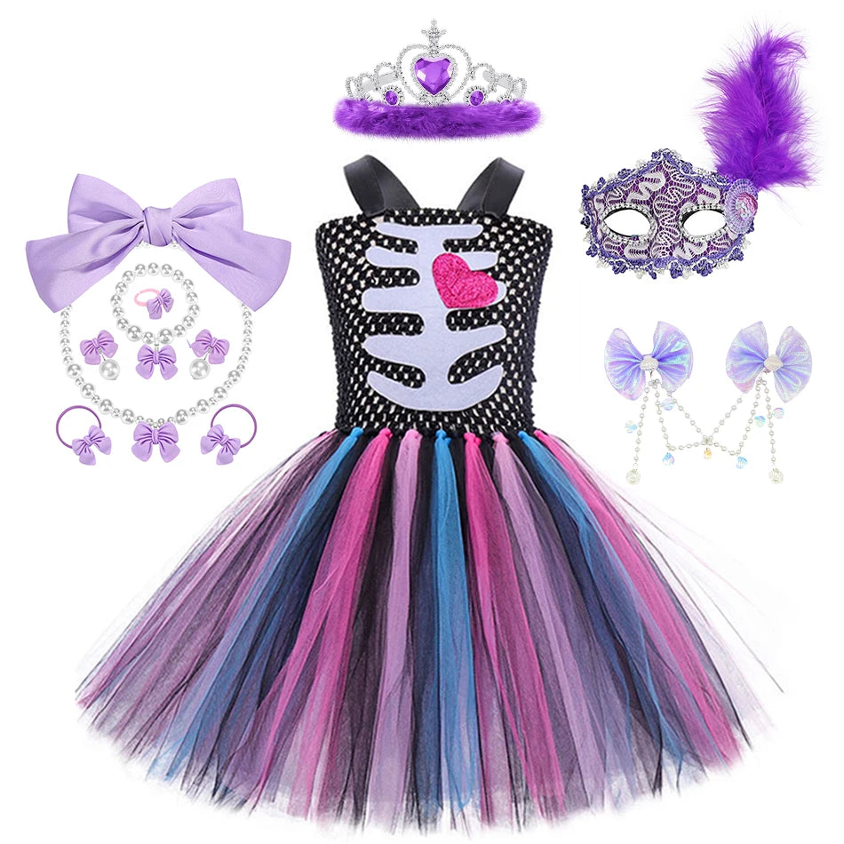 Halloween Kinder Kleid Cosplay Herz druck Skelett Kostüme Mädchen Blumen Schädel Tutu Kleidung Kinder Karneval Leistung Outfits