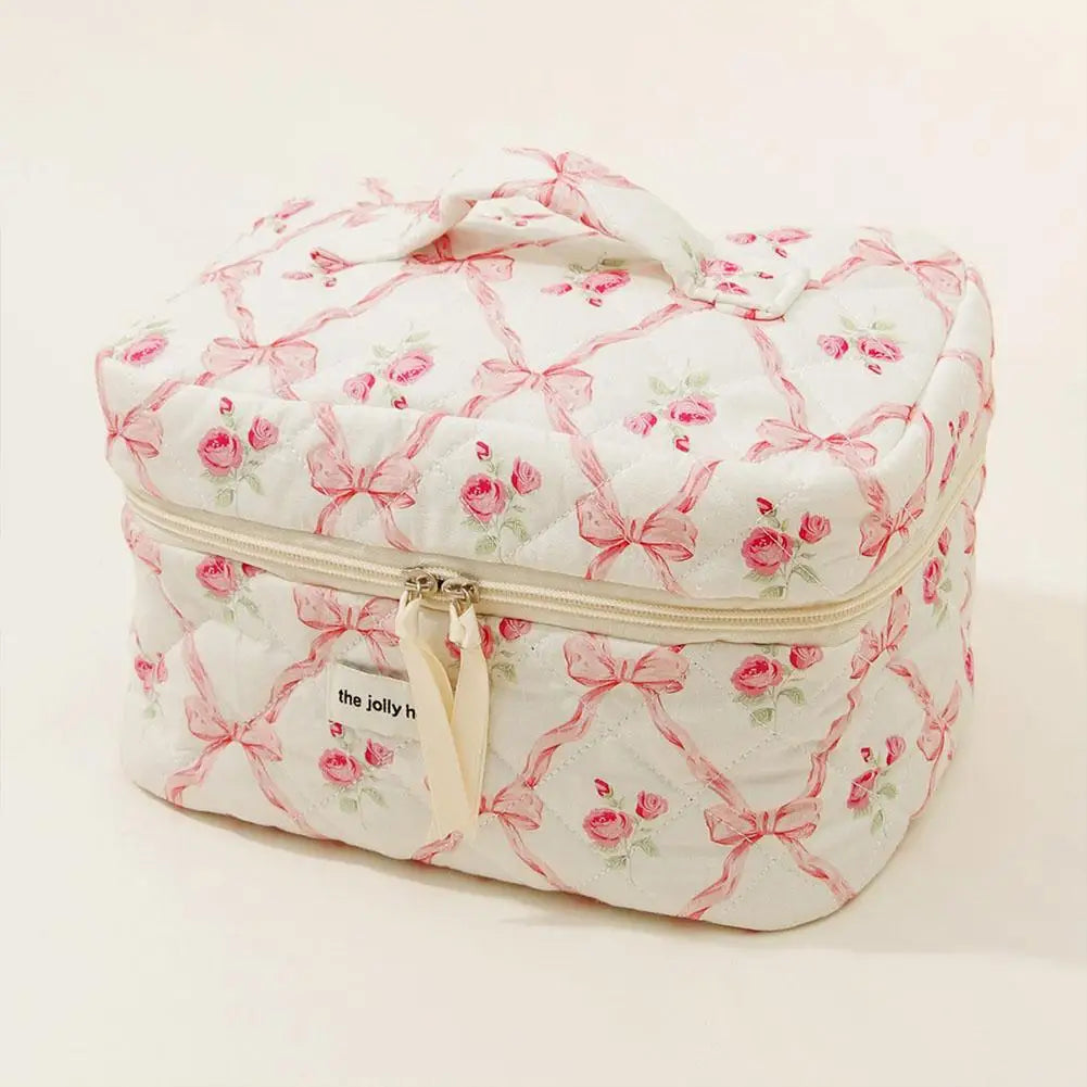 Cute Bow Flower Quilting Makeup Bag Women Zipper Cosmetic Organizer Female Cloth Handbag Portable Toiletry Case For Girls.