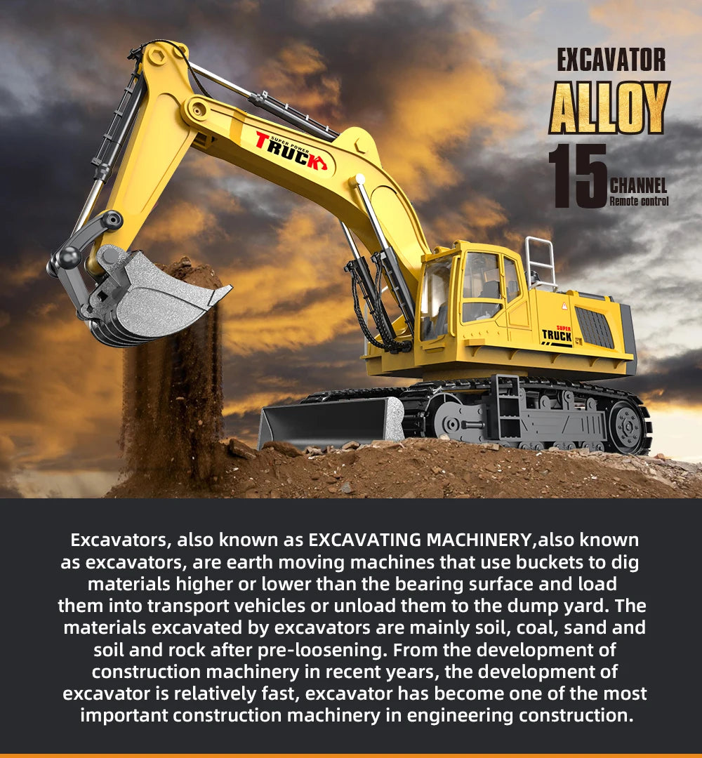 Alloy Rc Excavator Truck Toy Kids Remote Control Engineering Trucks Electric Vehicle Machine Games for Kids Boys Birthday Gifts.