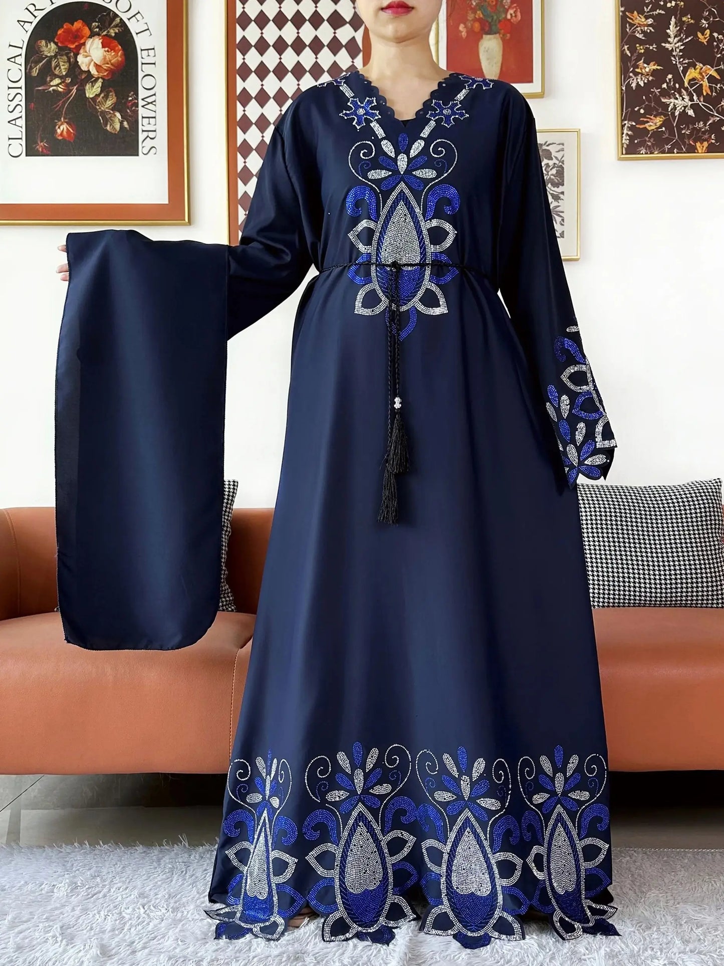 New 2025 Muslim Party Women Abaya Chiffon Diamond Long Sleeve Casual Clothing African Abaya Women Robe Dubai Turkey Islamic Robe