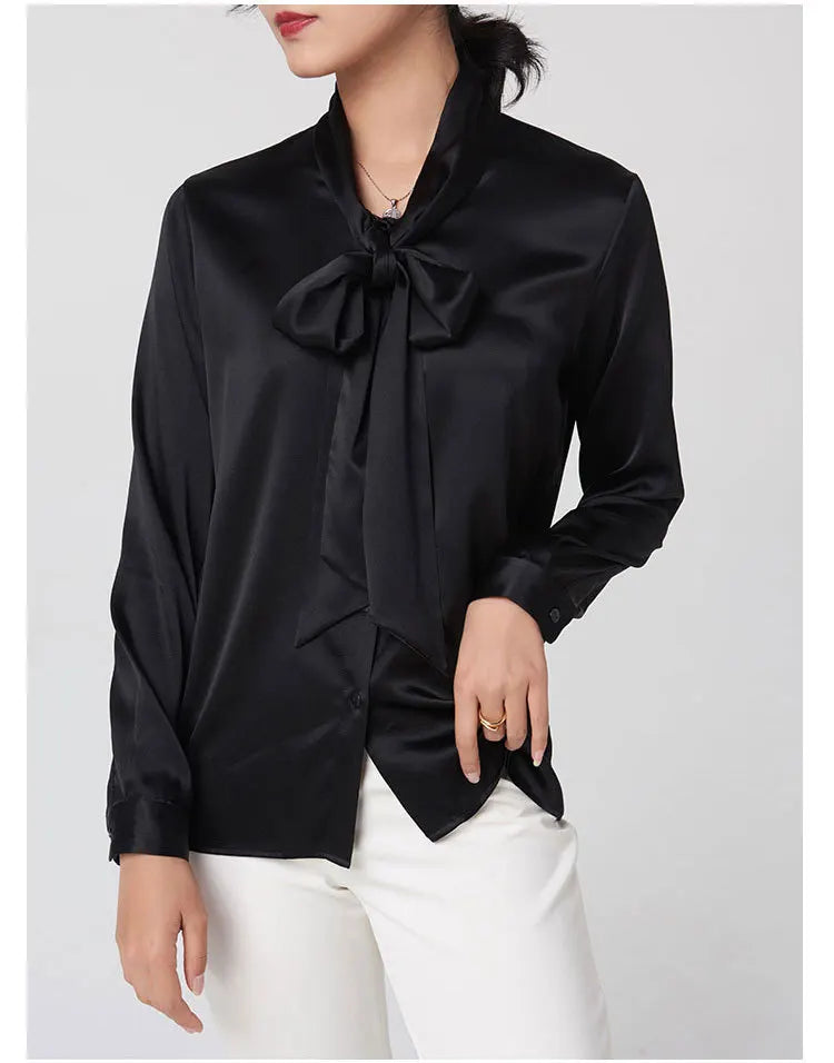 Heavyweight Mulberry Silk Shirt Women's 2025 Spring And Autumn New Long Sleeve Satin Silk Blouse V-neck Bow Ribbon Shirt.