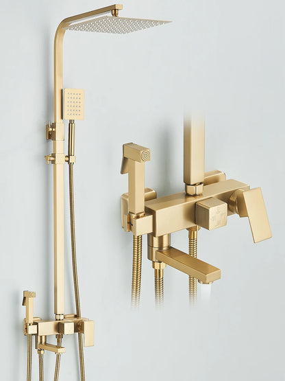4 in 1 Gold Brushed Shower System Rainfall Shower Hot Cold Water Mixer With Bidet Faucet Bath Shower Faucet For Bathroom