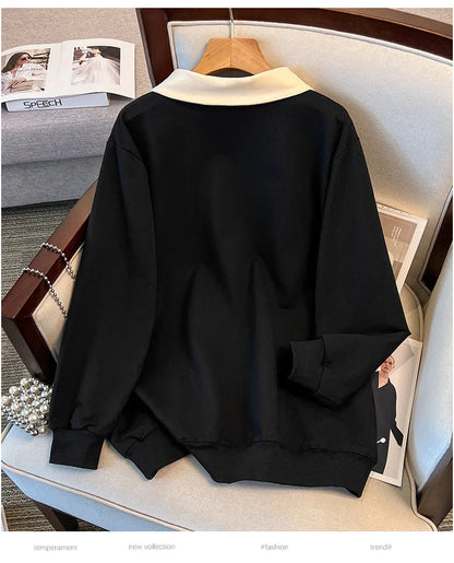170 kg Plus Size Damen-Büste 170 Frühling Herbst Loose Diamond Collared Sweatshirt Schwarz 4XL 5XL 6XL 7XL 8XL 9XL.
