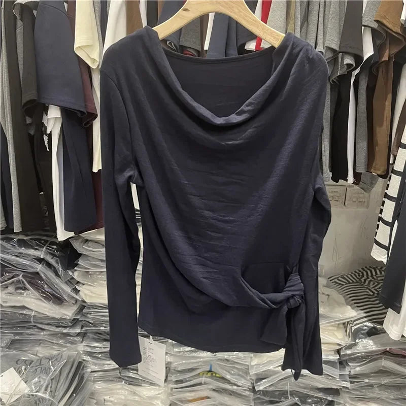 Women's Long Sleeve Striped T-Shirt Shoulder Baring Side Tie Base Shirt Versatile Autumn Fashion Design Cotton Top.