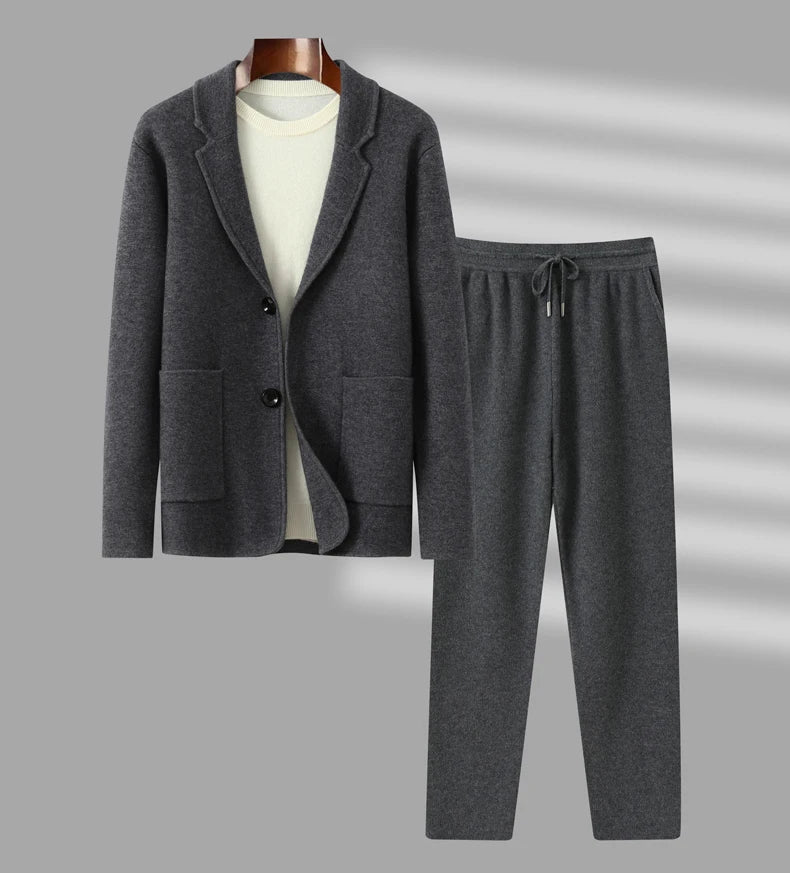 100%Cashmere Suit Men's Suit Collar Knitted Cardigan Business Casual Coat High Waisted Knitted Shorts Winter Thick Two-piece Set.