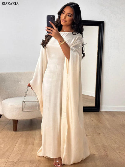 Siskakia Muslim 2024 New Eid Dresses Solid Shiny Satin Batwing Sleeve Modest Kebaya Turkish African Women Abayas Saudi Clothing.