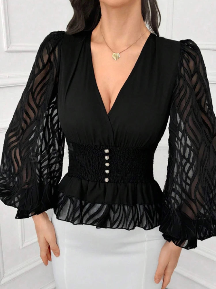 Women's Elegant and Fashionable V Neck Lantern Sleeve Waist Shirt.