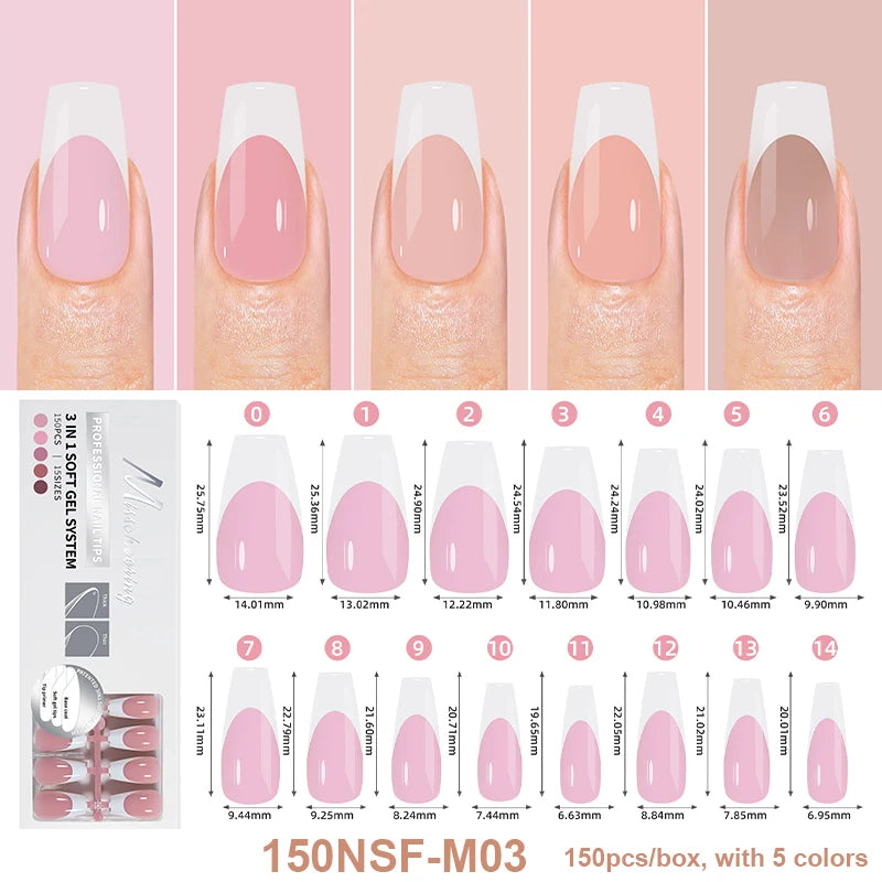 150Pcs/Box Acrylic Press on Nails Full Cover Fake False Tips Soft Gel Extension T-shaped Oval Capsule Almond Sculpted Salon DIY