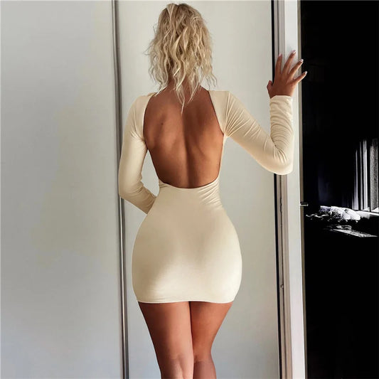Zahlung Casual Mini Kleid Frauen Prägnante Klassische Backless Volle Hülse O-ansatz Grundlegende Weibliche Bodycon Straße Kleidung.