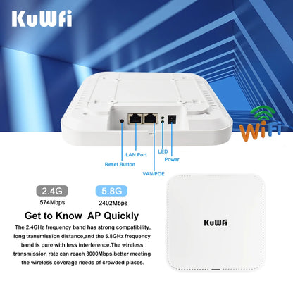KuWFi 3000Mbps Ceiling AP 2.4G 5G Dual Band Wifi 6 Indoor Wireless Router Wifi Access Point 48V Poe Wi fi Signal Amplifier.